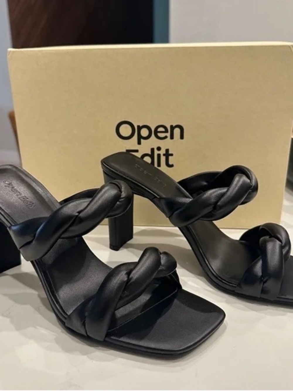 Open Edit Black Braided Strap Block-Heel Sandals